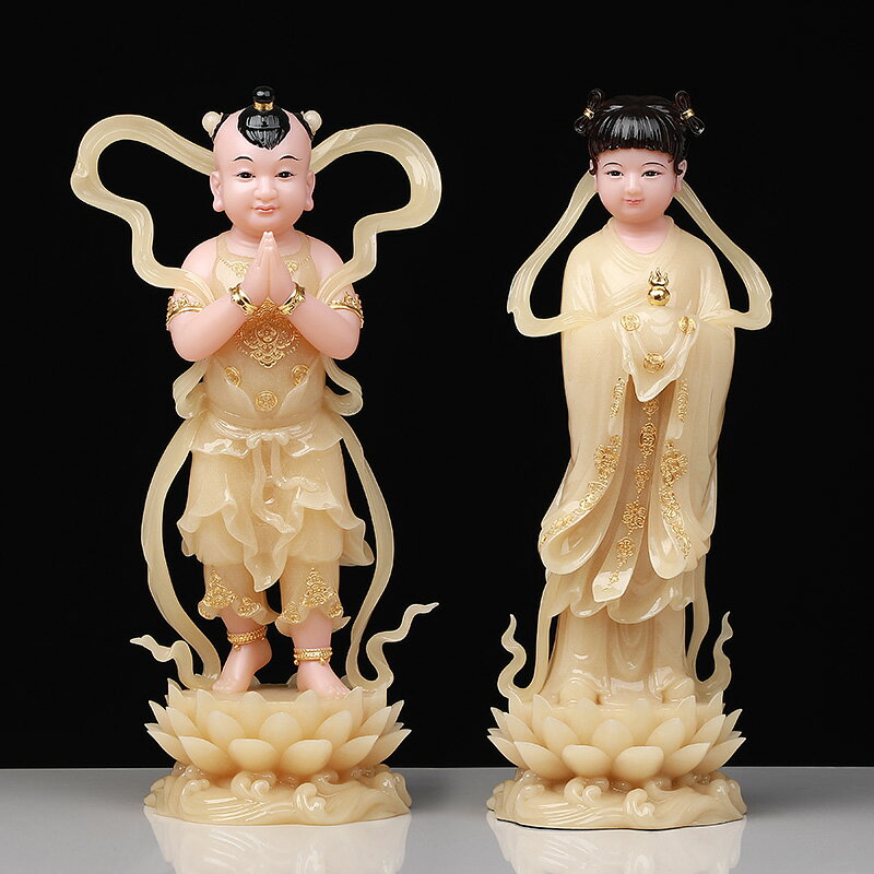 吾堂吾器漢白玉《善財童子龍女》玉黃鑲金佛像擺件家居工藝品| 協貿國際