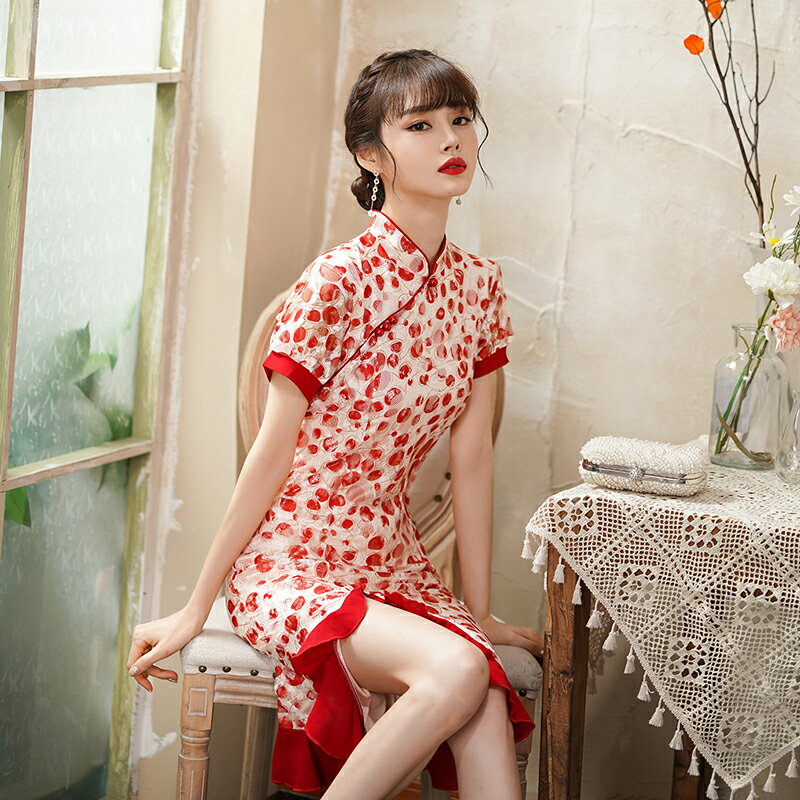 年新款立領不規則短袖旗袍年輕款改良復古中國風優雅連衣裙