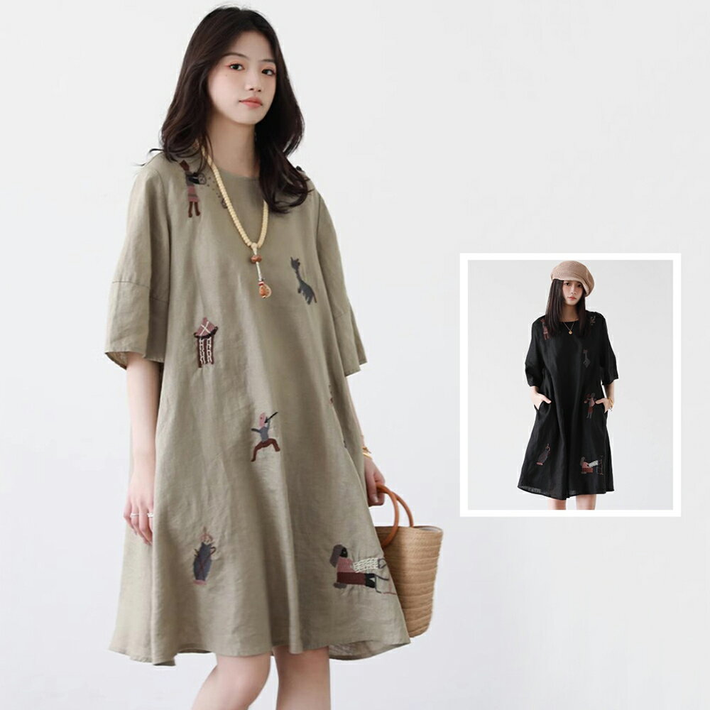 ＊ORead＊中長簡約刺繡圓領五分袖亞麻連身裙(5色M~2XL)