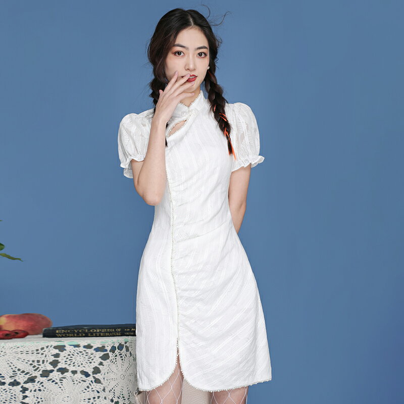 純白戀人復古泡泡袖珍珠改良版旗袍白色連衣裙短裙