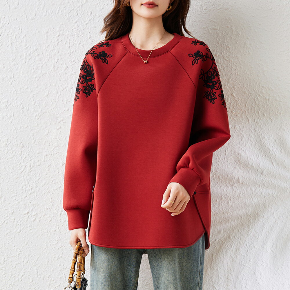 ＊ORead＊韓版圓領刺繡休閒上衣(紅色L~5XL)