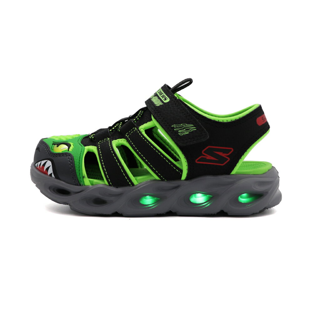 SKECHERS S LIGHTS 魔鬼氈 燈鞋 包頭涼鞋 中童 蜥蜴 黑綠 Y2072 (400613LBKLM)