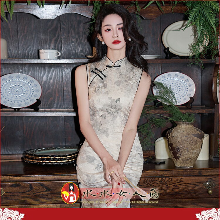春夏新款印花旗袍無袖長款改良少女年輕款修身顯瘦日常可穿連身裙開衩洋裝-花逸-水水女人國