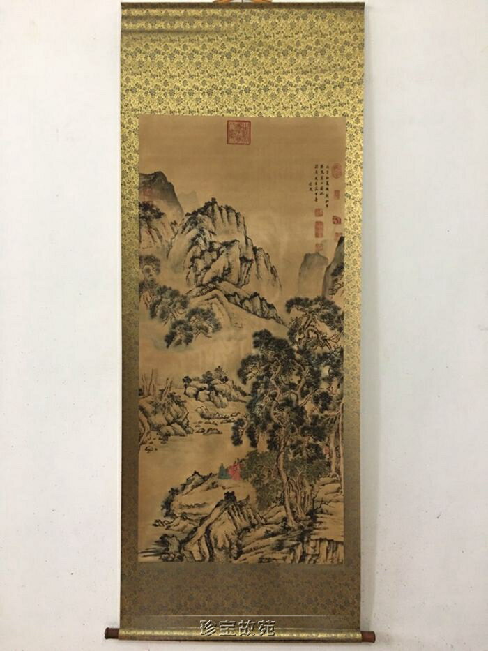 新品古玩字畫復古卷軸精美路遠山水圖客廳中堂裝飾老掛畫仿古