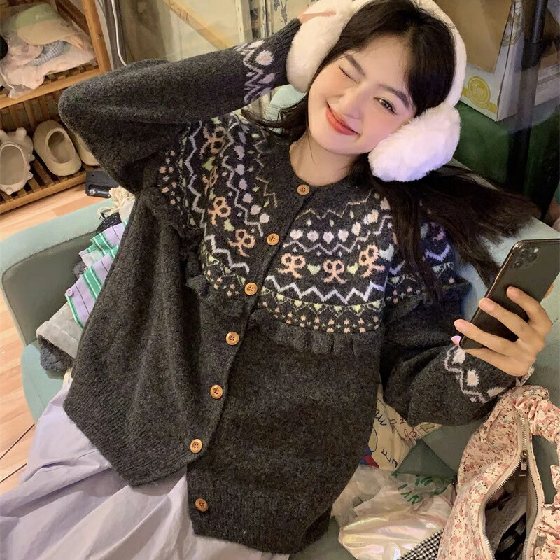 【巴黎精品】現貨+預購 法式針織外套寬鬆上衣針織衫毛衣大碼百搭休閒女裝-蝴蝶圖騰荷葉邊女外套3色a1lg40