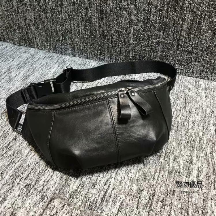 真皮女包韓版街頭百搭款頭層牛皮男女通用側揹包胸包純皮胸包【聚物優品】