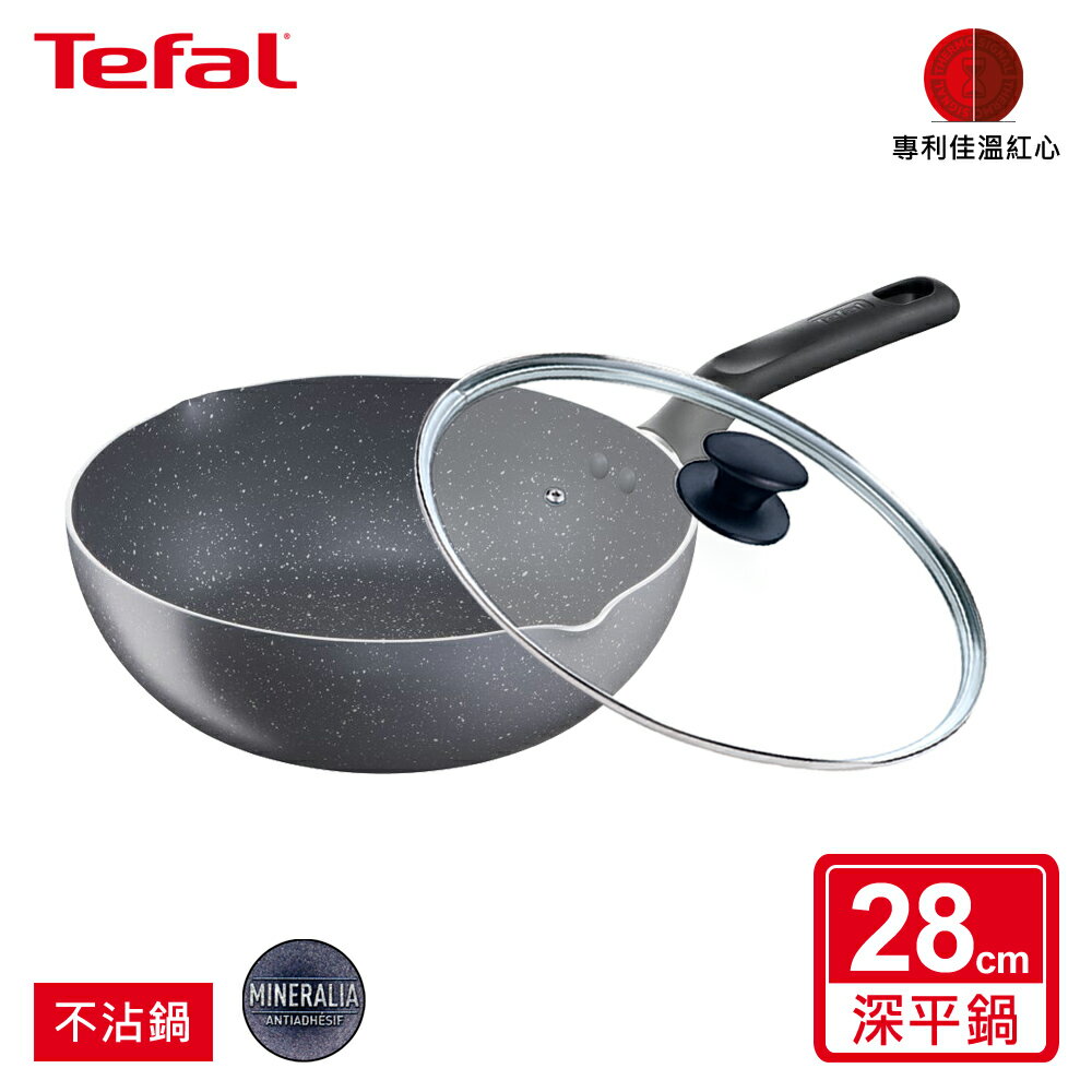 Tefal法國特福 礦石灰系列28CM萬用型不沾深平鍋+玻璃蓋 SE-B2266695+SE-FP0028301
