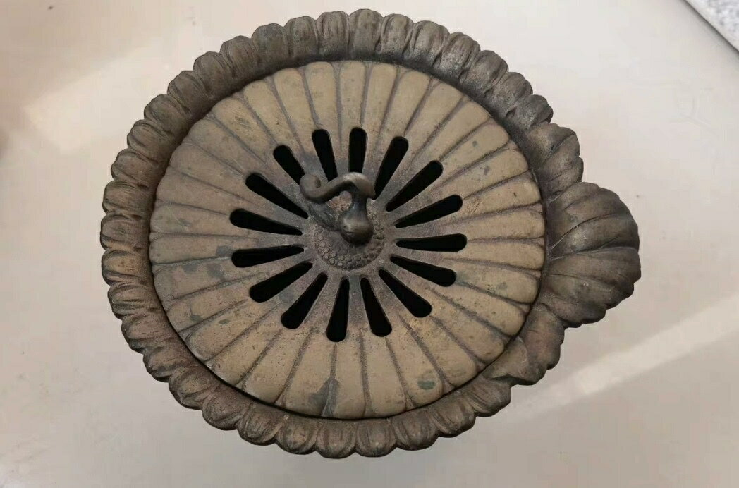 日本大正時期割菊紋斑紫銅建水 茶道具 葫蘆摘 有使用無箱1575