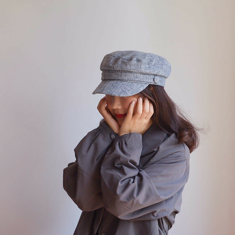 日系溫婉風~高雅經典 亞麻立體平頂海軍帽子女百搭鴨舌八角帽初秋1入
