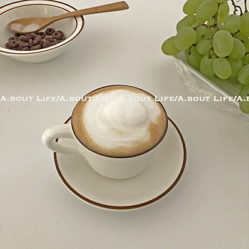「About Life」棕色邊白色陶瓷咖啡杯碟韓國ins同款下午茶拿鐵杯