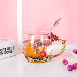 歐式琺瑯彩水杯水晶玻璃杯精致雕花家用辦公泡茶杯男女款花茶杯子
