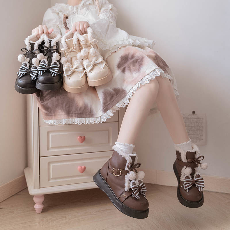 奶熊吐司 靴子 女冬季加絨日系圓頭厚底雪地靴 可愛lolita鞋 子短筒 靴子