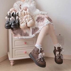 奶熊吐司 靴子 女冬季加絨日系圓頭厚底雪地靴 可愛lolita鞋 子短筒高筒鞋