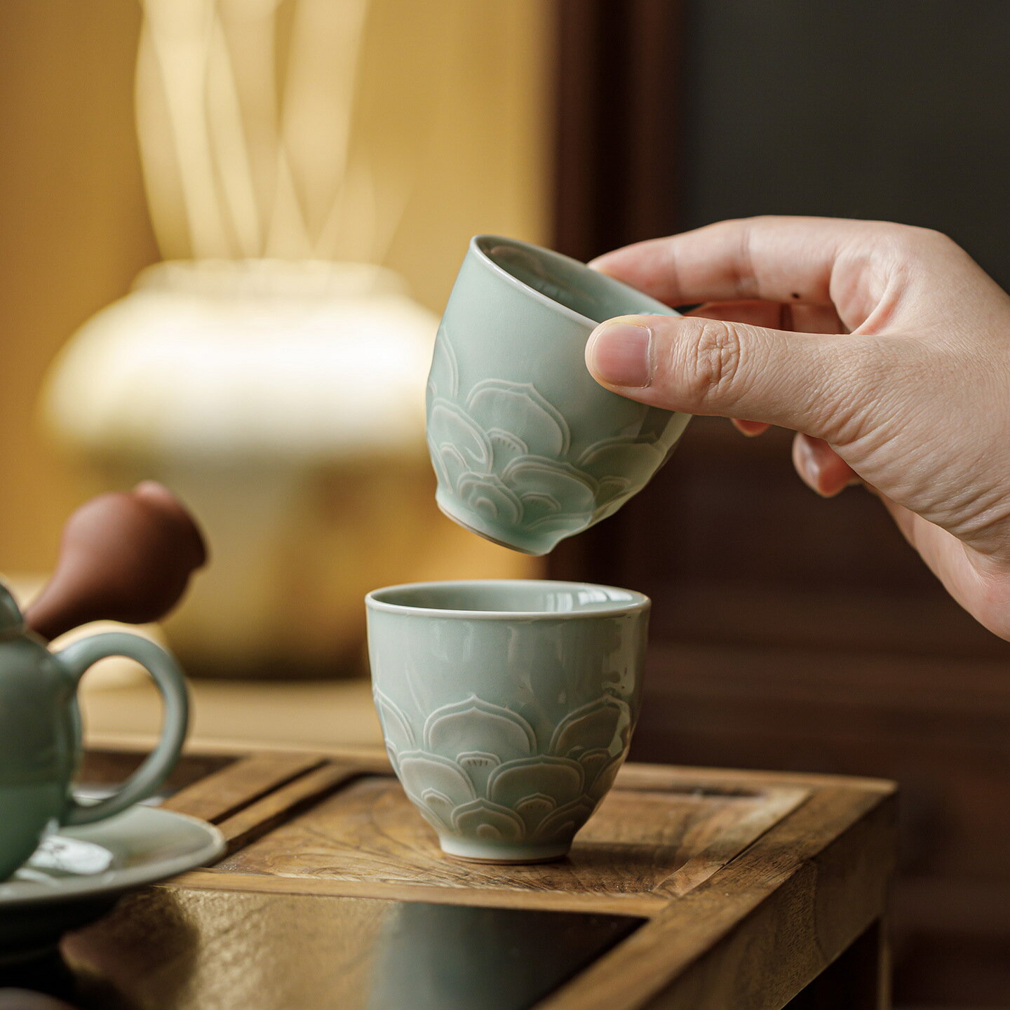 觀嵐陶瓷浮雕蓮花主人杯高檔功夫茶具家用品茗杯個人專用喝茶杯