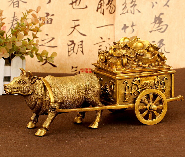 純銅招財牛拉車擺件牛拉元寶車生肖牛家居辦公室風水裝飾工藝品| 協貿