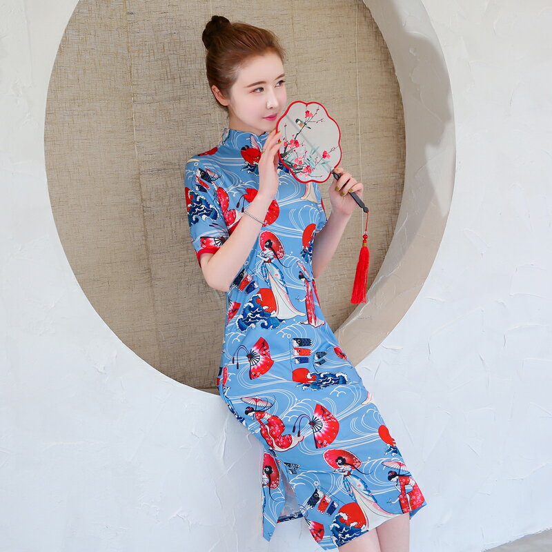 夏季新款中國風女裝復古印花大碼顯瘦改良旗袍少女年輕連衣裙1入