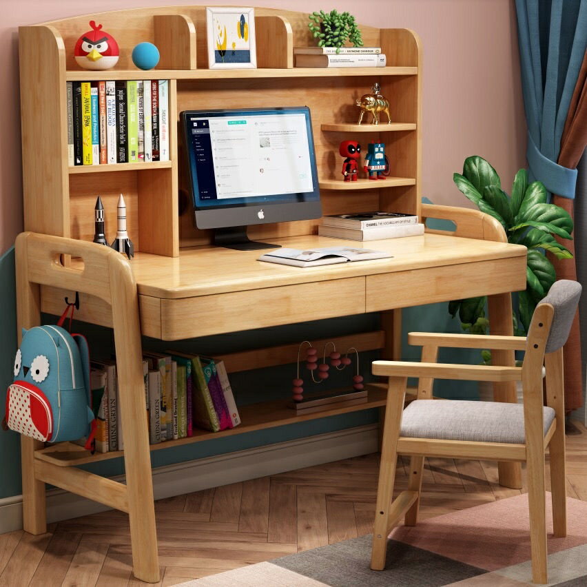 2年保固 北歐 實木書桌 書櫃 一體 可升降 帶書櫃 書架 書桌 學生學習桌椅 電腦桌子