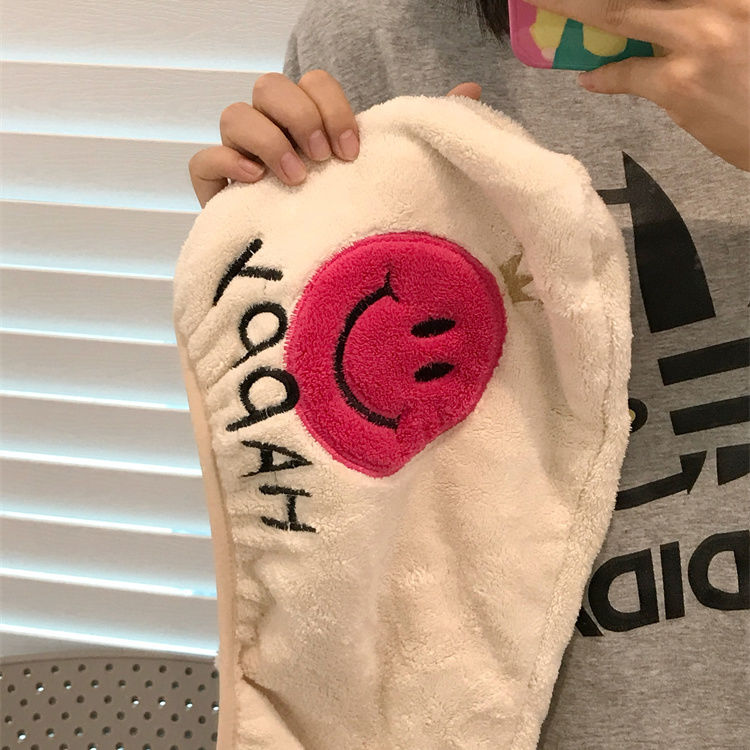 免運 幹髮帽 INS簡約刺繡笑臉干發帽柔軟加厚珊瑚絨吸水速干不掉毛包頭巾浴帽