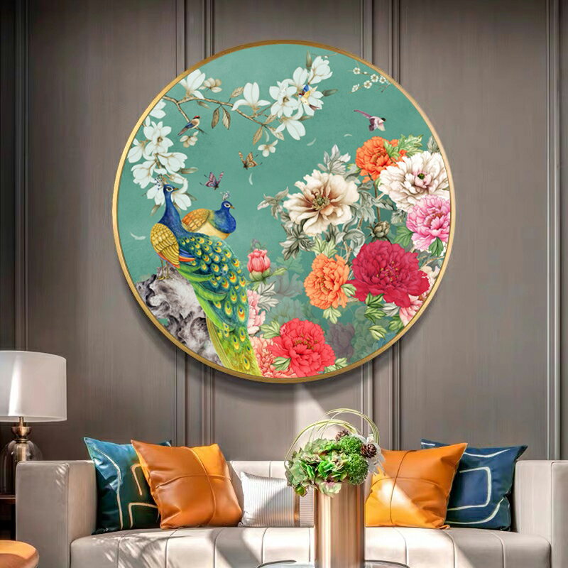 5D鉆石畫滿鉆新款簡約現代新中式孔雀花卉貼鉆十字繡客廳圓形