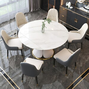 亮光巖闆餐桌椅組合輕奢現代簡約家用大小戶型多功能旋轉可變圓桌