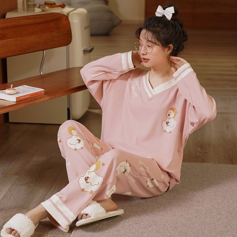 長袖睡衣全棉寬版休閒睡衣女春秋季高檔套頭學生宿舍外穿高顏值家居服【倪醬小鋪】【淘夢屋】