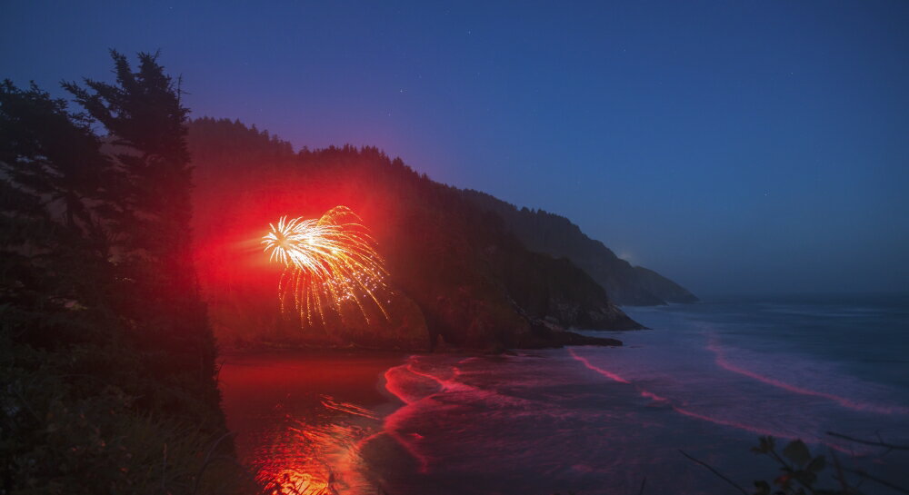 Posterazzi Fireworks erupting from the beach along the Oregon Coast