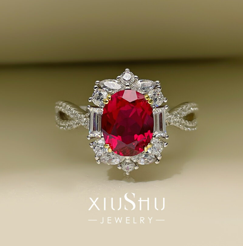 XIUSHU高定3克拉人工紅寶石戒指純銀鑲嵌精工簡約大方