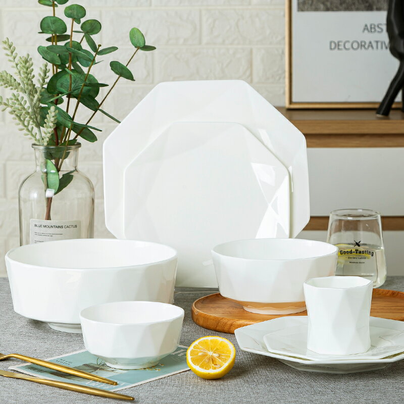 景德鎮餐具純白骨瓷碗盤碟日式飯碗盤子套裝創意多邊形家用陶瓷碗