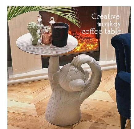 茶几 創意北歐設計師輕奢茶幾玻璃鋼個性圓形猴子舉盤小戶型會客邊角幾