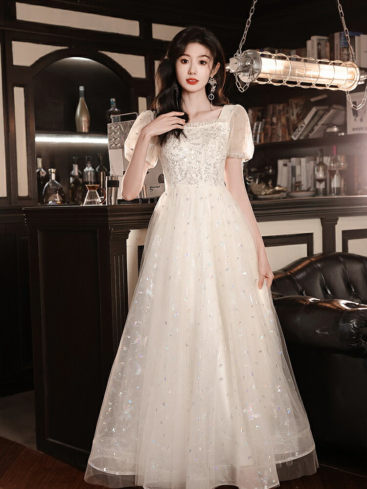 晚禮服連身裙 法式晚禮服女2024新款高階感香檳色公主裙宴會氣質演出成人禮生日