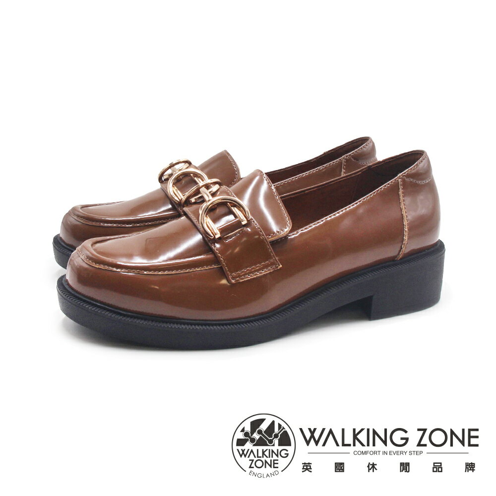 WALKING ZONE(女)馬銜釦圓頭厚底樂福鞋 女鞋-亮面棕