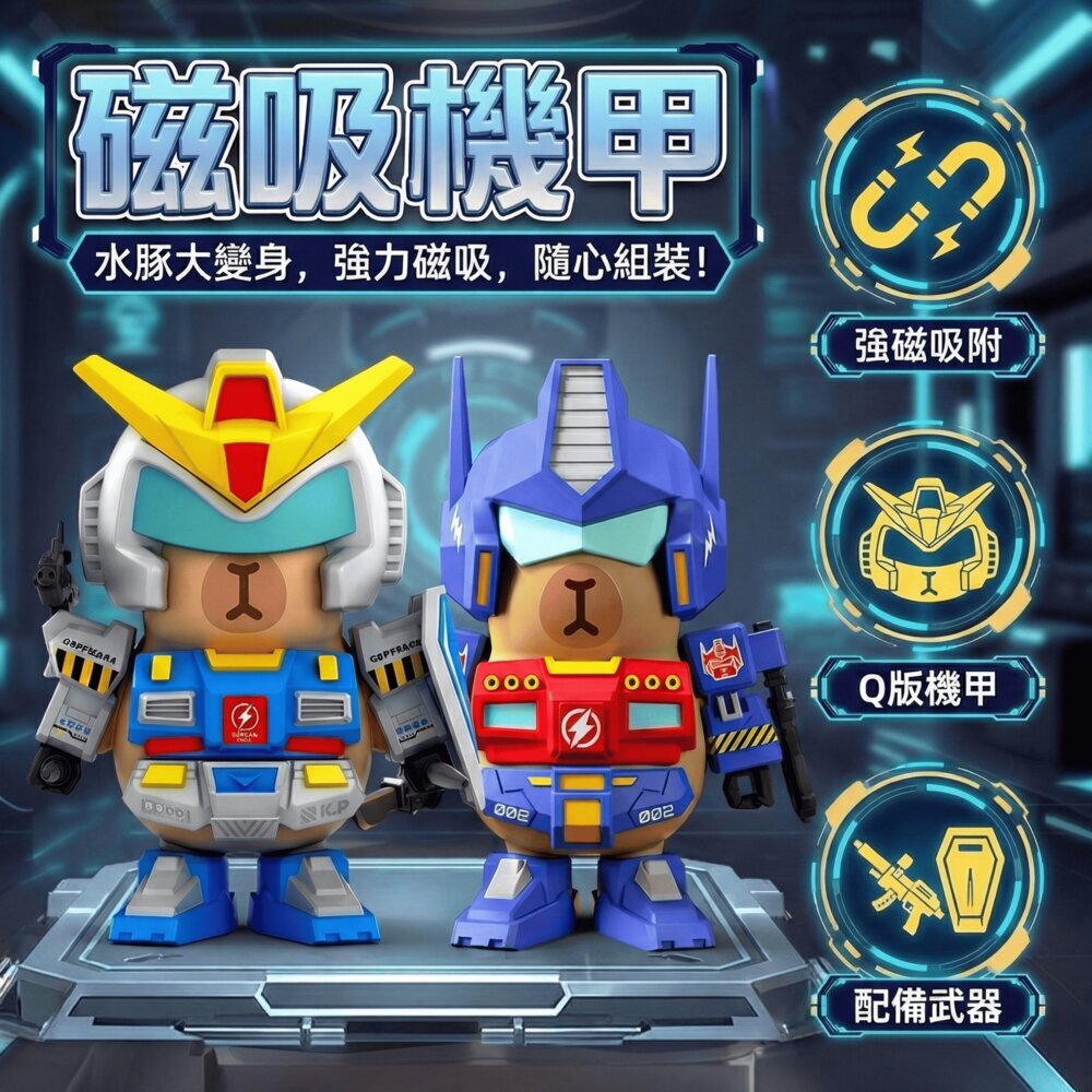 媽媽買 磁吸拼裝機甲水豚 DIY 組裝模型玩具 全身磁吸可拆裝 多配件進化變形 桌面擺飾 8歲以上 1