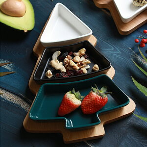 北歐創意竹木圣誕樹果盤家用餐具托盤陶瓷點心盤水果沙拉盤零食盤
