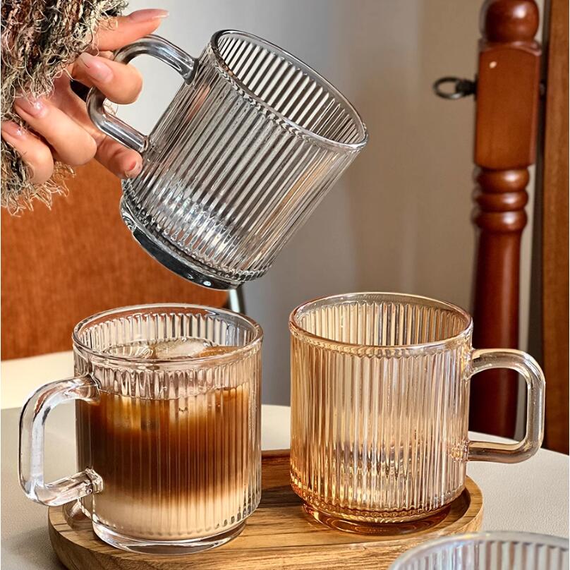 條紋玻璃杯帶把水杯家用飲料杯高顏值馬克杯高階感咖啡杯子【繁星小鎮】