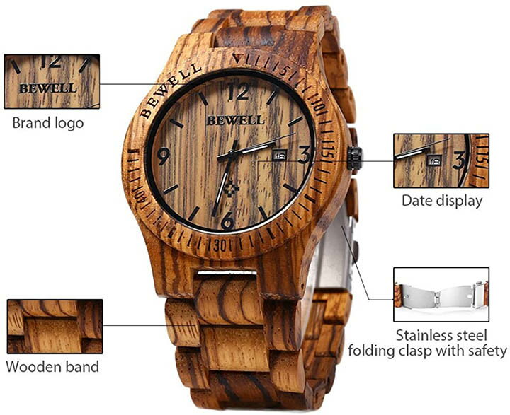 Bewell【日本代購】復古懷舊木錶 男性用木質手錶 天然環保-烏木 2