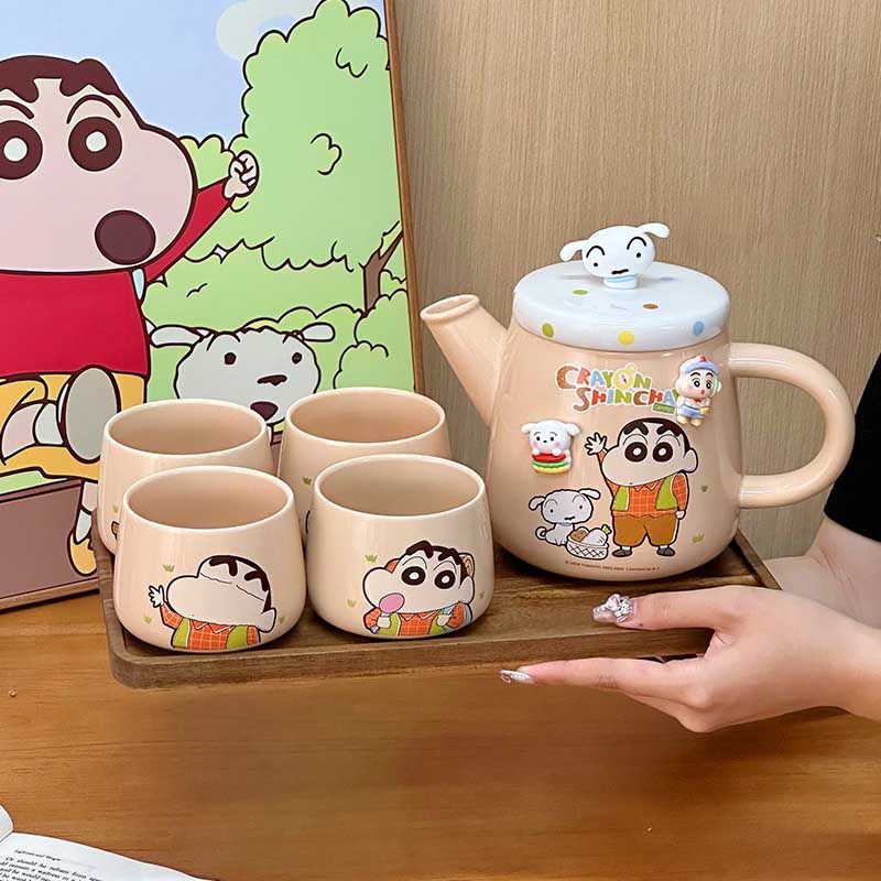 公司貨 免運 可開票 新款蠟筆小新陶瓷茶壺一套裝大容量卡通生日禮物送人伴手禮