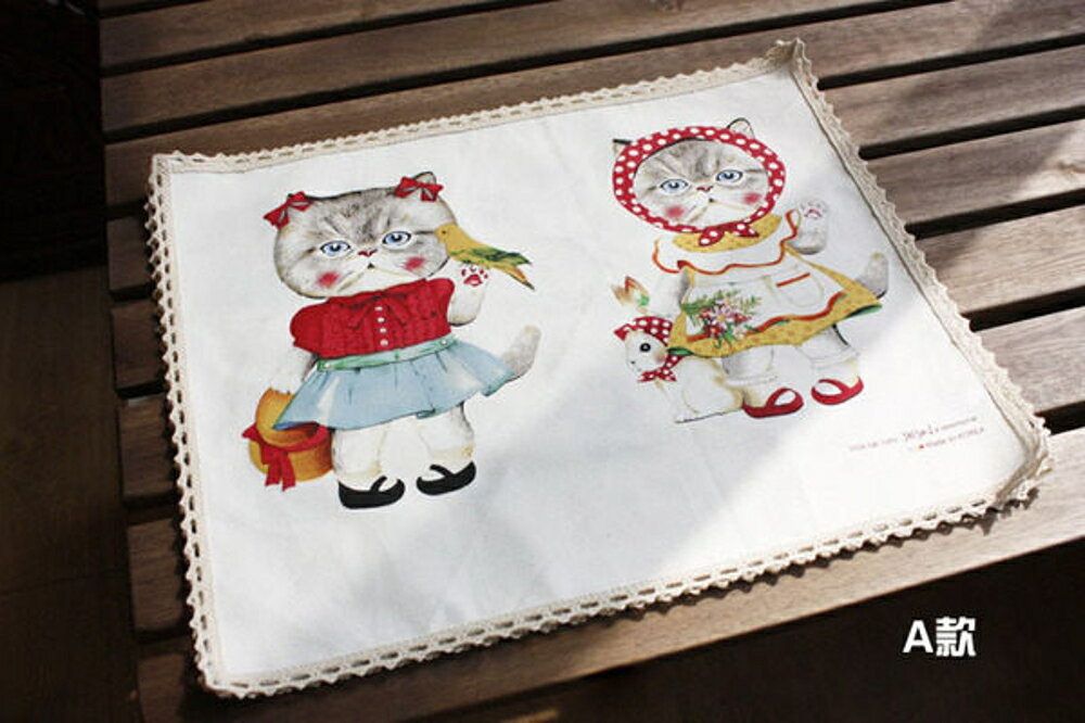 ✤宜家✤超可愛貓咪印花棉麻餐墊餐布墊布 (四入)
