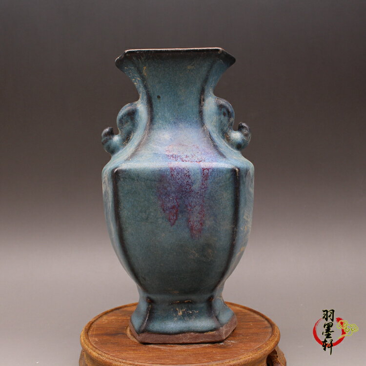 宋鈞窯 窯變藍釉一點紅 象耳方花瓶古董古玩仿古陶瓷器收藏羽墨軒