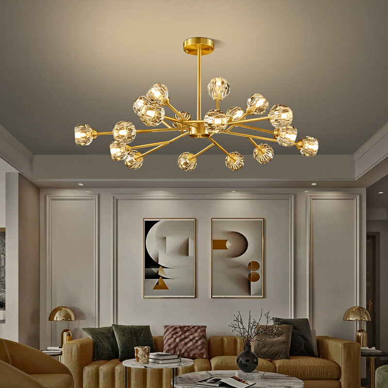 全銅后現代輕奢水晶客廳吊燈2021網紅餐廳燈簡約個性大氣家用燈具
