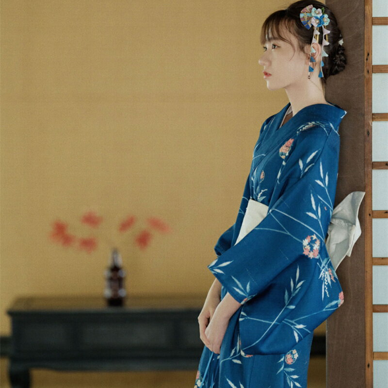 日系改良復古風和服浴衣華美手繪風格纏枝圖案和風賞楓寫真連衣裙