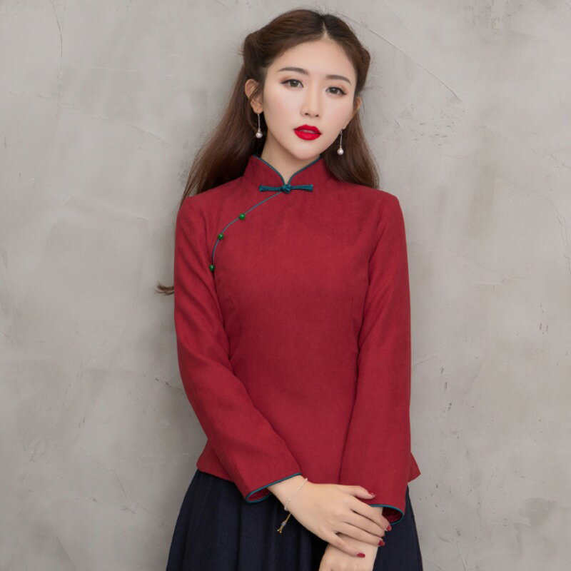 中國風女裝文藝範長袖唐裝旗袍上衣復古民國風中式唐裝茶人服女
