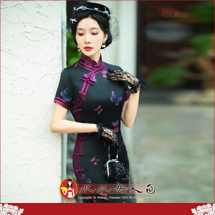 M-5XL加大 印花長旗袍 復古中國風經典改良式時尚修身超顯瘦短袖日常連身洋裝～古韻傾城～浮世。水水女人國