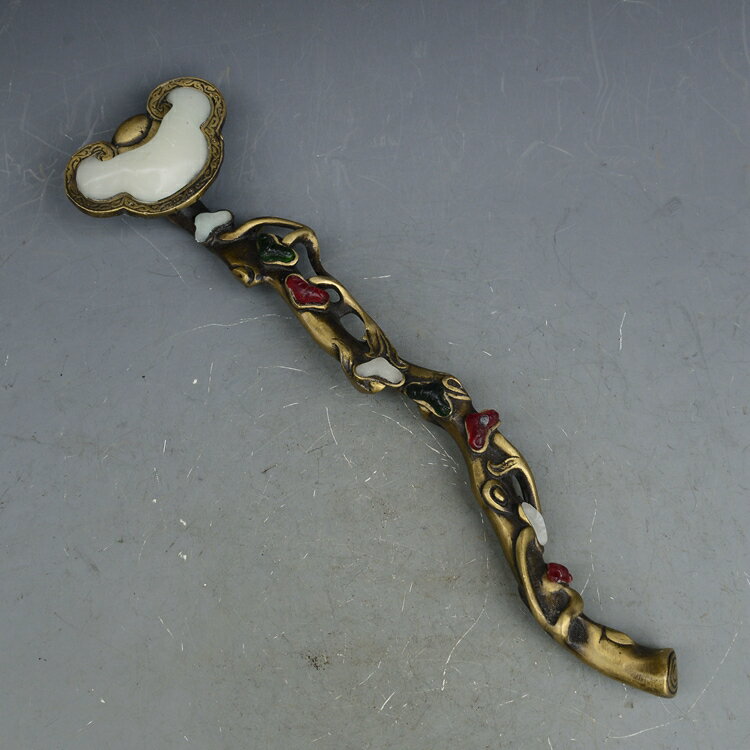 古玩新款十品古董雜項 黃銅鑲嵌玉石如意 居家納福擺件裝收藏