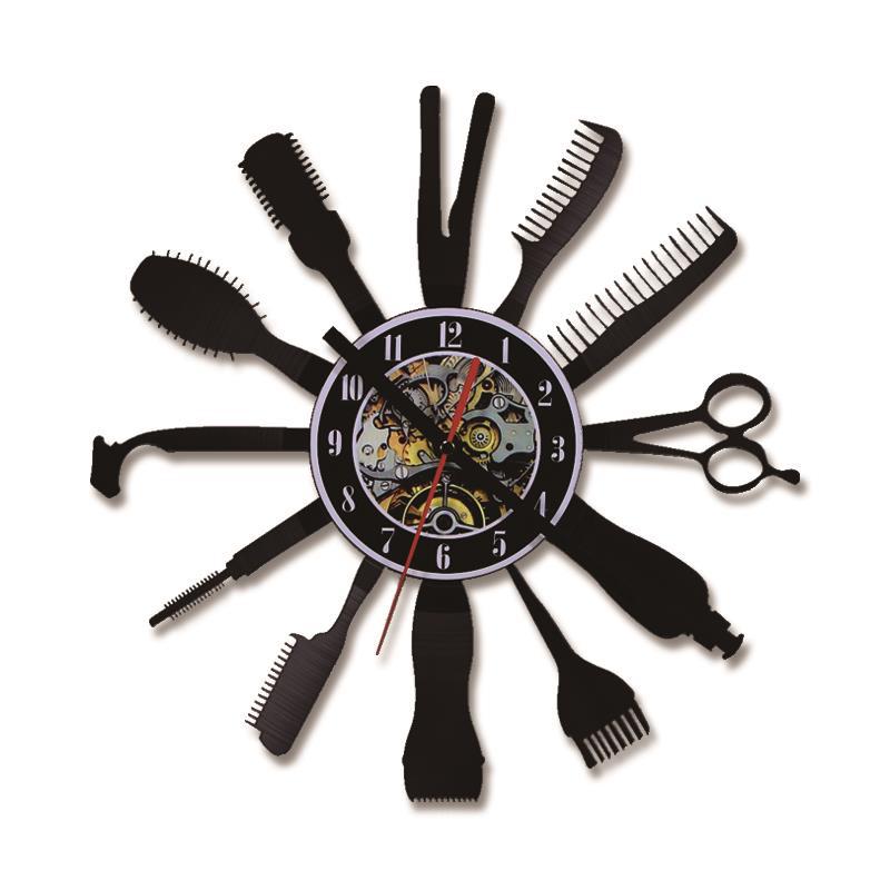 "理髮師的工具"創意黑膠唱片鍾黑色鏤空家庭藝術掛鐘唱片黑膠唱片