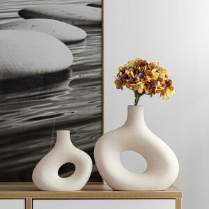 陶瓷素燒噴砂日式侘寂風圓形花器擺件 大小2件組