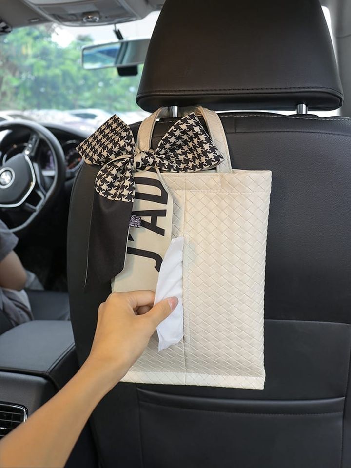 車用氣質蝴蝶結款 汽車座椅背掛式皮革紙巾包