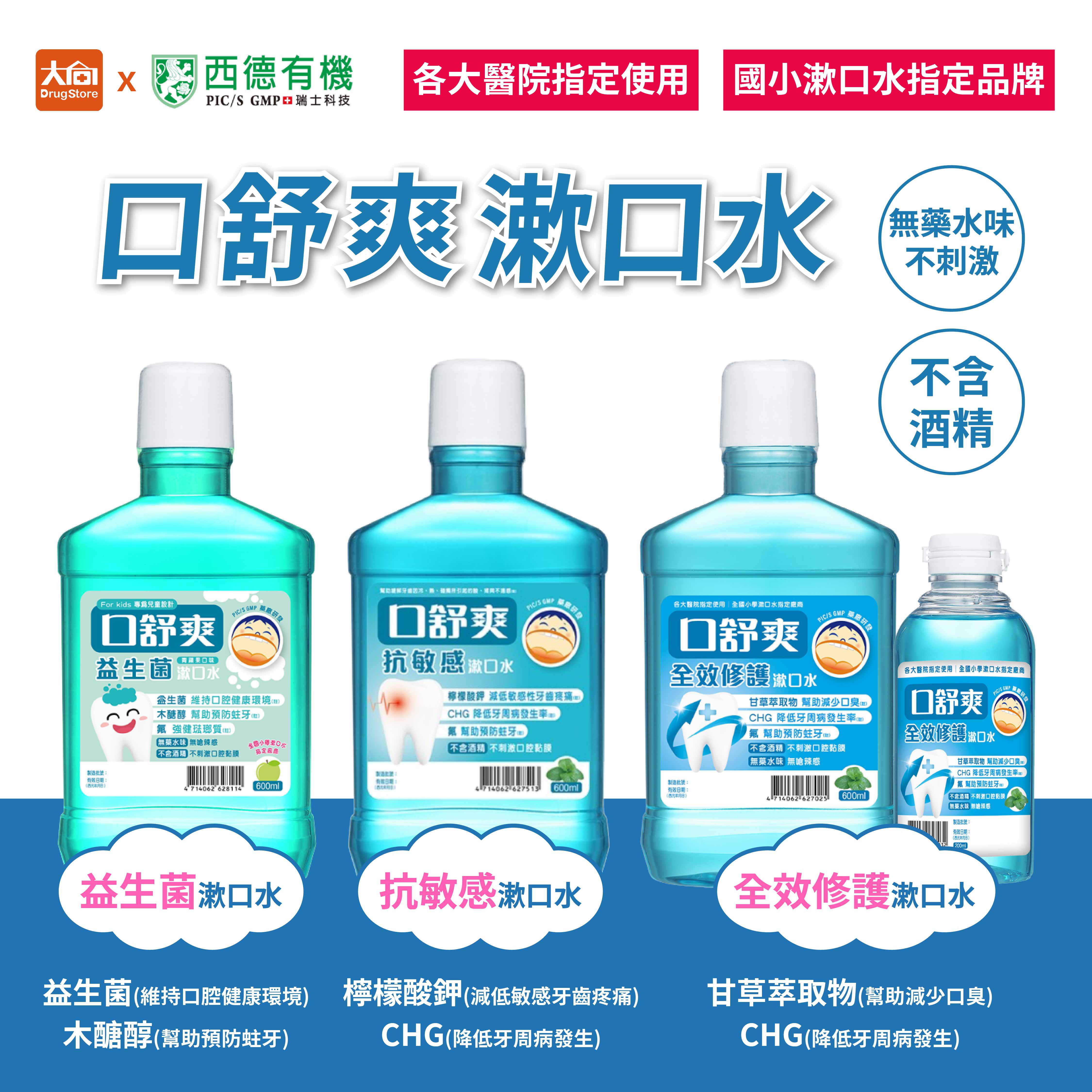 Shiteh西德有機 口舒爽 (無酒精)漱口水 全效修護/抗敏感/益生菌 200/600ml 兒童漱口水(小學指定品牌)