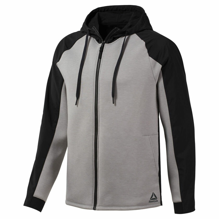 REEBOK LES MILLS® FULL-ZIP HOODIE 男裝 外套 連帽 拼接 休閒 舒適 透氣 黑 灰【運動世界】DV2710