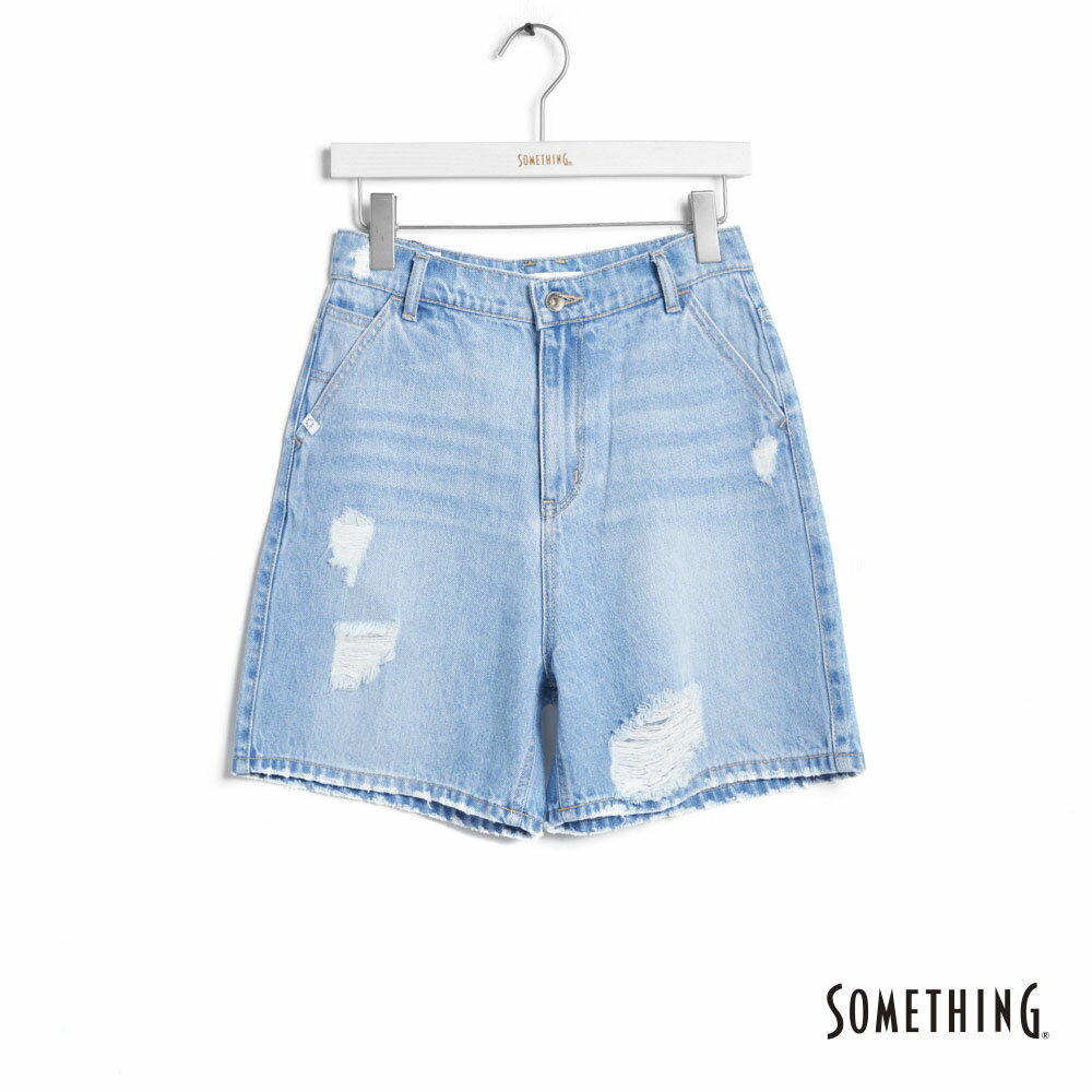 SOMETHING 高腰垮檔丹寧短褲-女款 漂淺藍