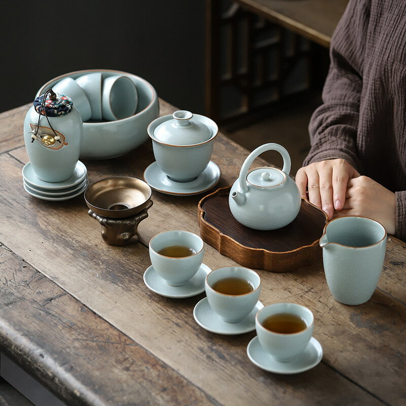 汝窯功夫茶具套裝陶瓷茶壺茶杯整套禮盒裝中式商務禮品辦公室家用